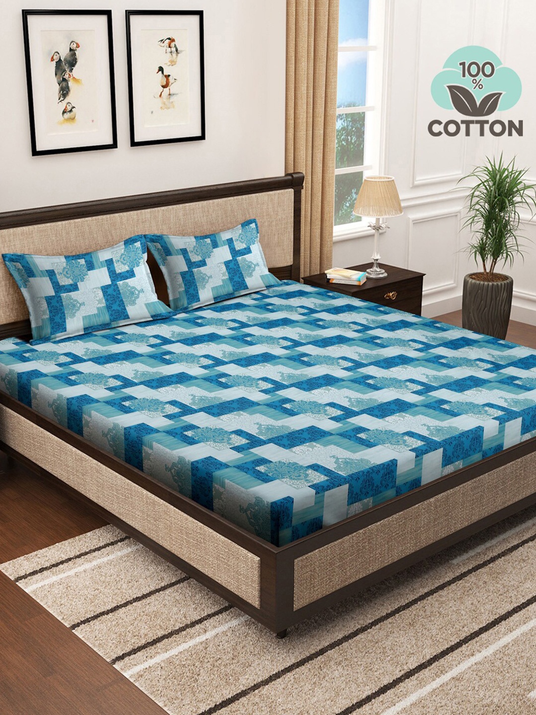 

KLOTTHE Blue Geometric Cotton 400 TC Super King Bedsheet With 2 Pillow Covers