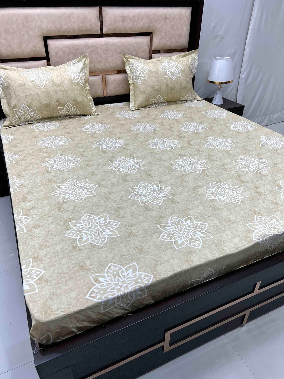 

Pure Decor Sapphire Beige Ethnic Cotton 230 TC Fitted King Bedsheet with 2 Pillow Covers