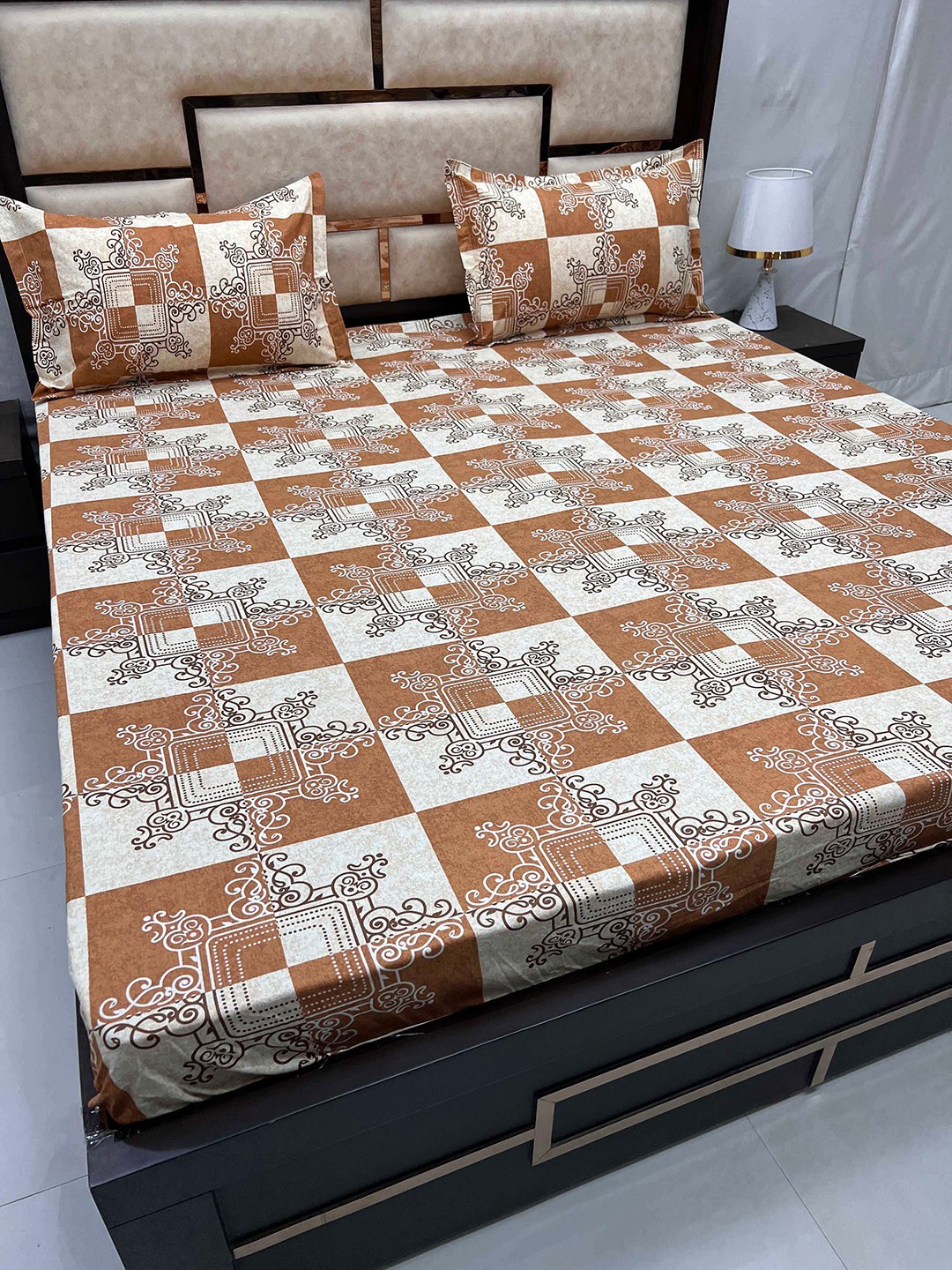 

Pure Decor Sapphire Brown Ethnic Pure Cotton 230 TC Fitted King Bedsheet & 2 Pillow Covers