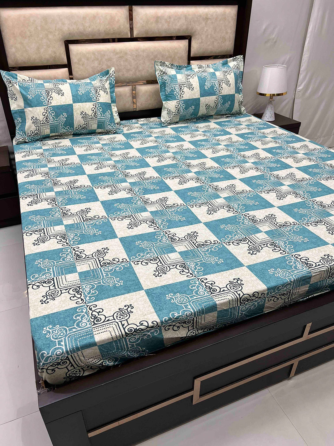 

Pure Decor Sapphire Green Ethnic Cotton 230 TC Fitted King Bedsheet with 2 Pillow Covers