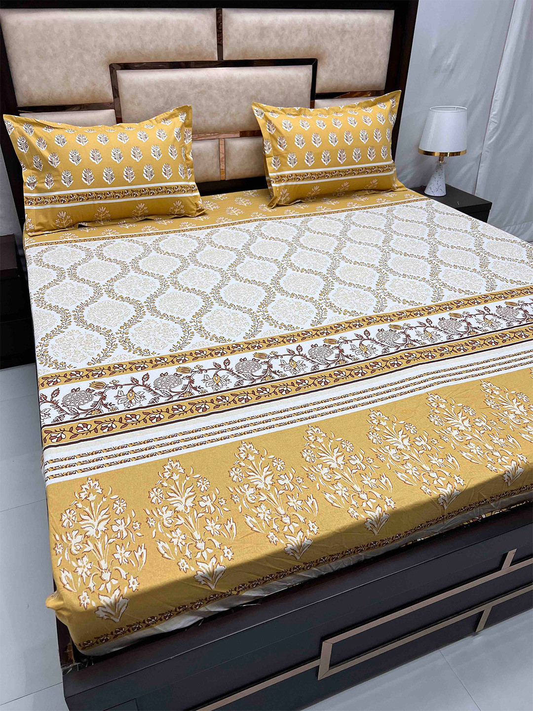 

Pure Decor Sapphire Yellow Floral Cotton 230 TC Fitted Super King Bedsheet & Pillow Covers