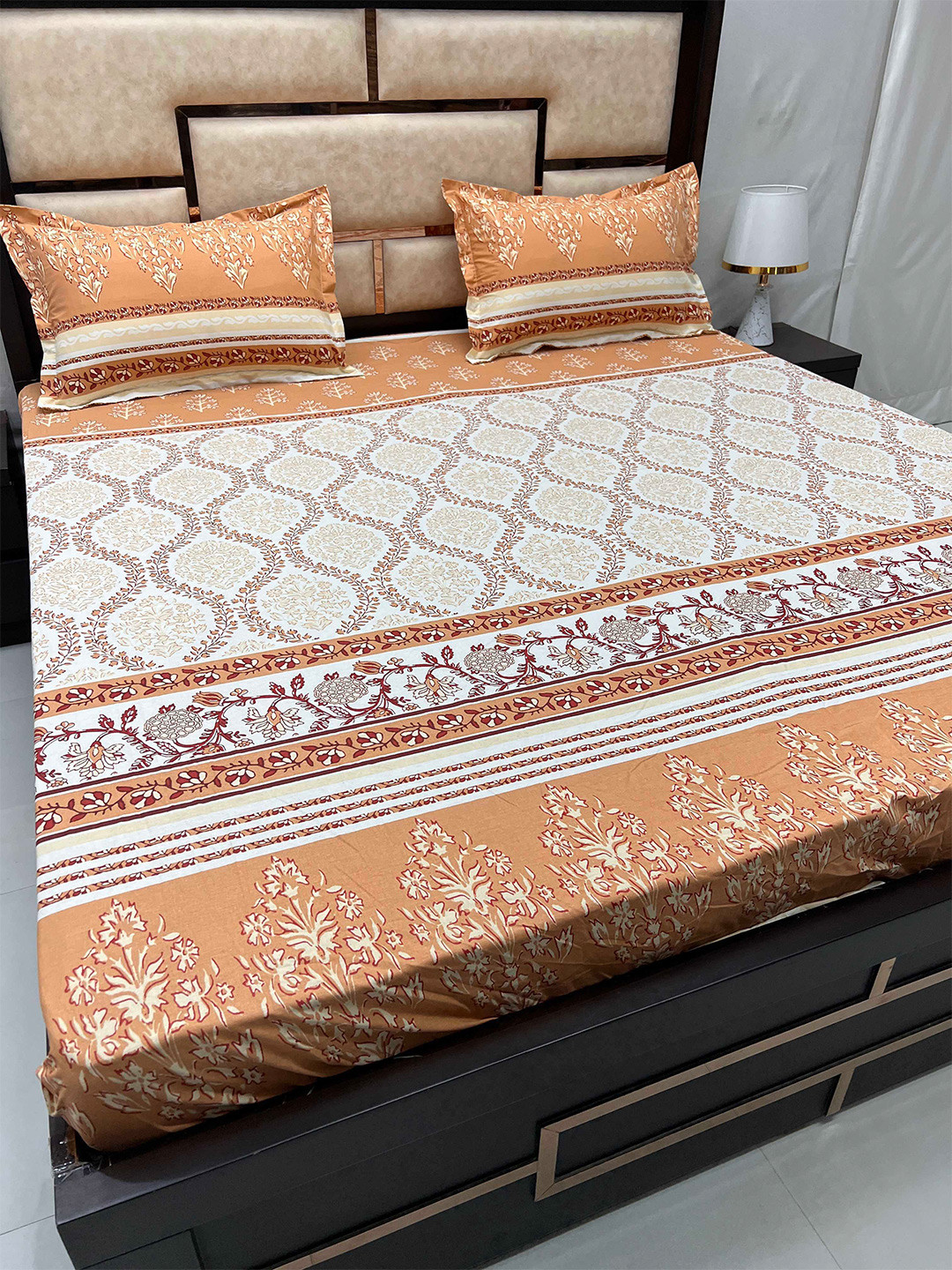 

Pure Decor Sapphire Orange Floral Cotton 230 TC Fitted King Bedsheet & 2 Pillow Covers