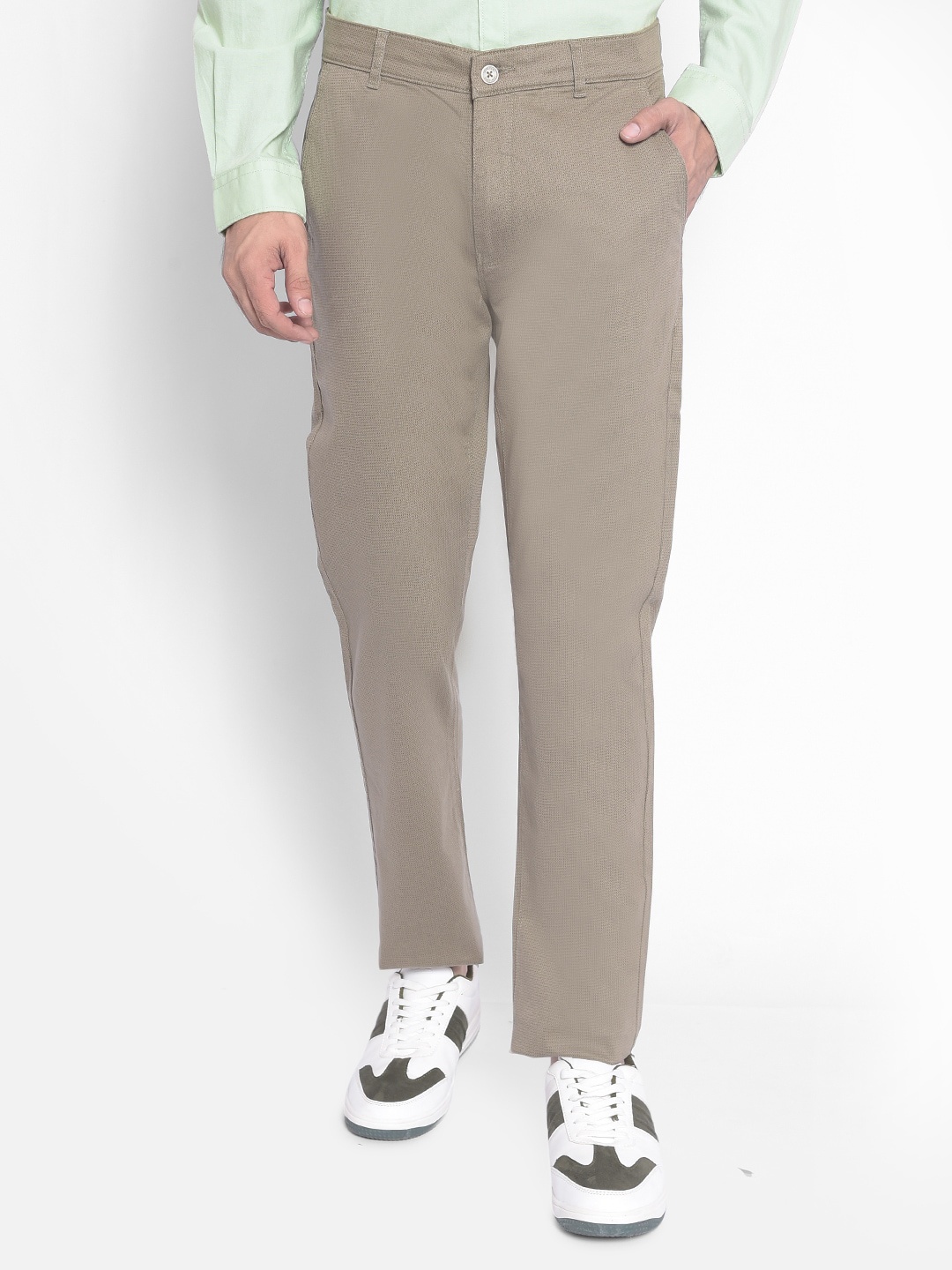 

Crimsoune Club Men Slim Fit Mid Rise Plain Cotton Trousers, Olive