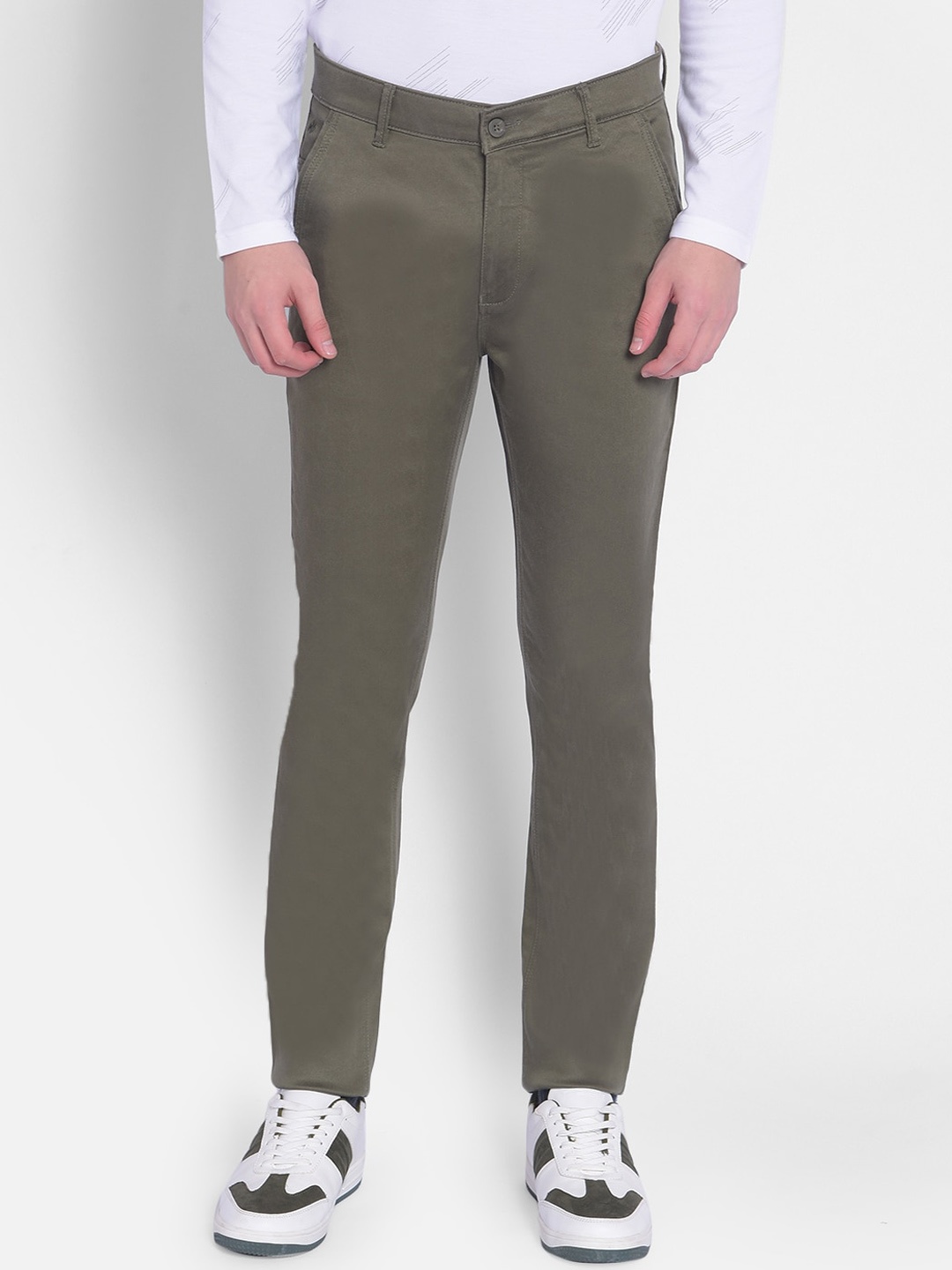 

Crimsoune Club Slim Fit Mid Rise Plain Cotton Trousers, Olive