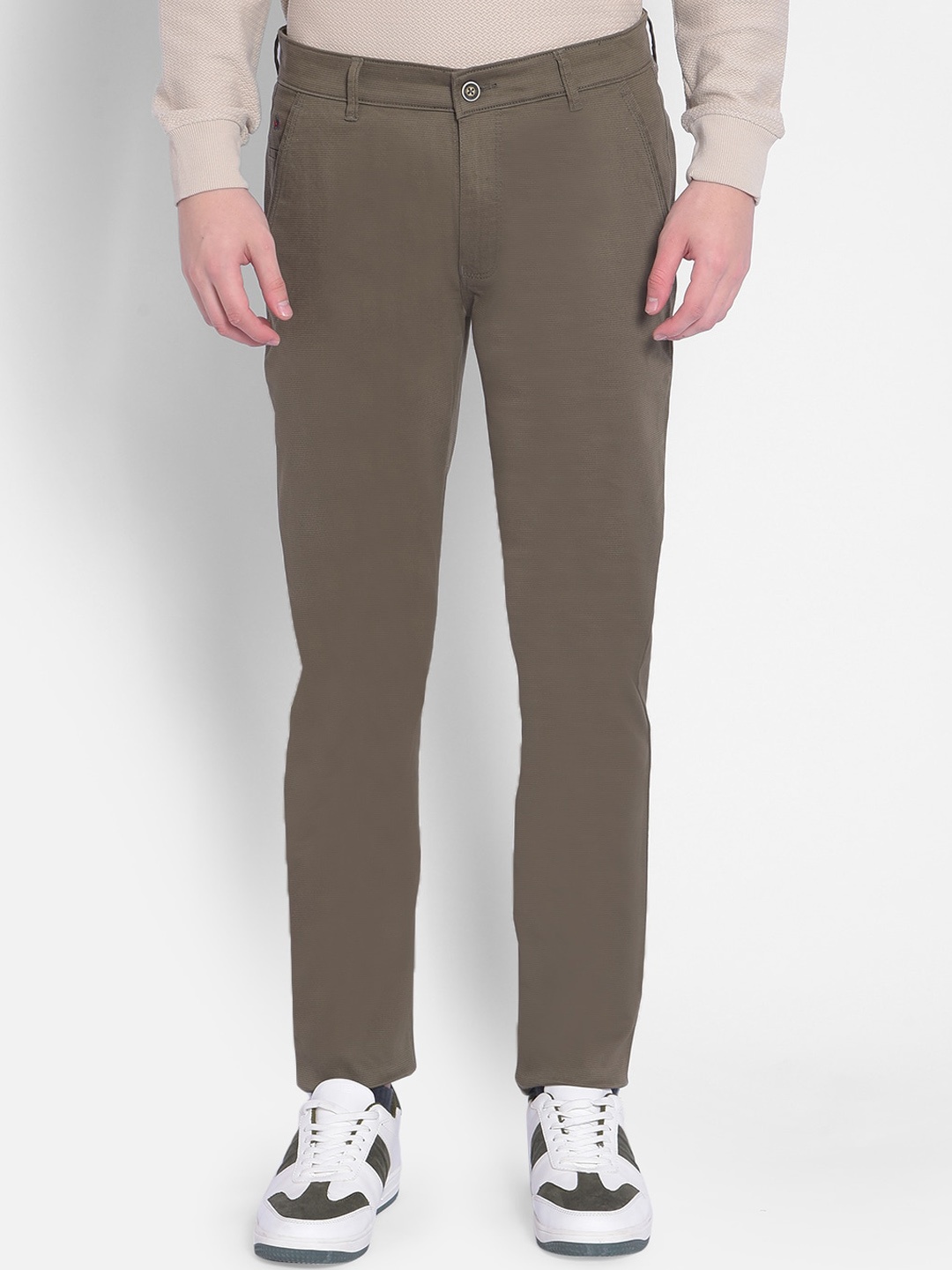 

Crimsoune Club Men Mid Rise Abstract Printed Slim Fit Chinos Trousers, Olive