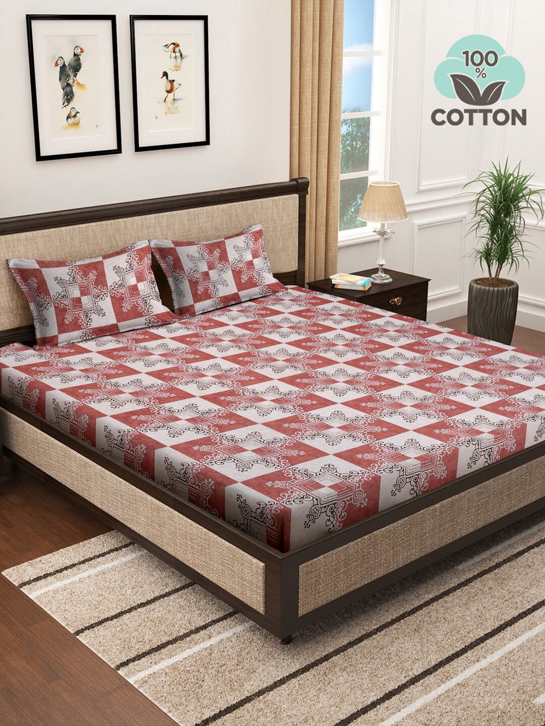 

KLOTTHE Red Pure Cotton 400 TC Super King Double Fitted Bedsheet With 2 Pillow Covers