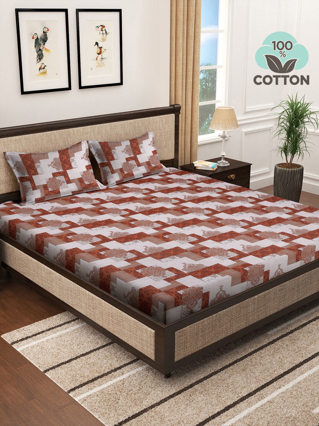 

KLOTTHE Brown & White 400 TC Cotton Fitted Super King Double Bedsheet & 2 Pillow Covers