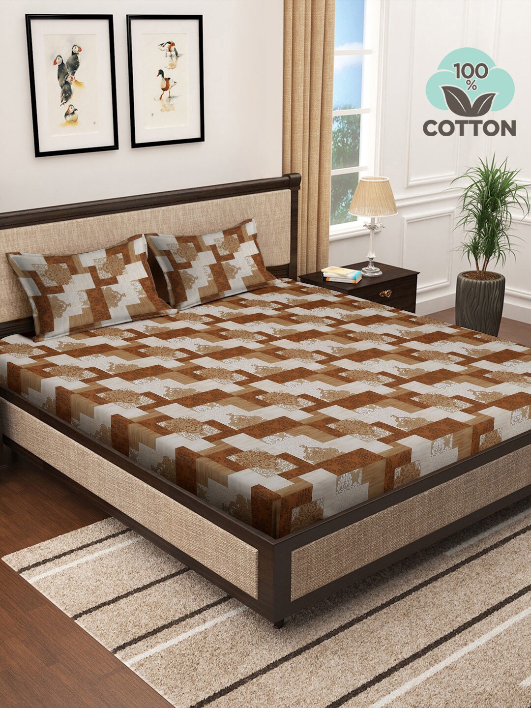 

KLOTTHE Brown Printed 400 TC Fitted Super king Double Bedsheet With 2 Pillow Covers