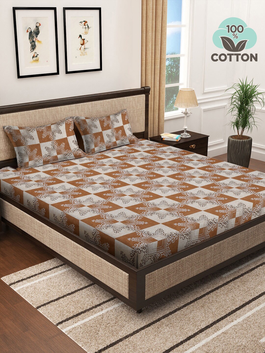 

KLOTTHE Beige Floral Pure Cotton 400TC Fitted Super King Double Bedsheet & 2 Pillow Covers