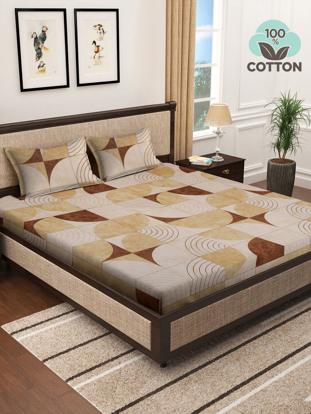 

KLOTTHE Beige Printed 400 TC Fitted Super king Double Bedsheet & 2 Pillow Covers, Brown