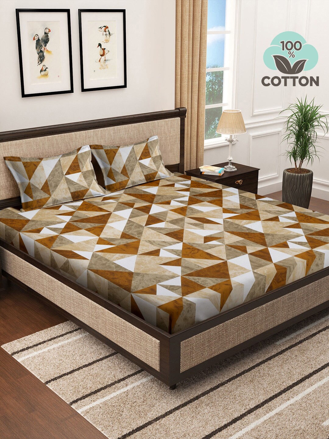 

KLOTTHE Beige Printed 400TC Fitted Cotton Super king Double Bedsheet & 2 Pillow Covers