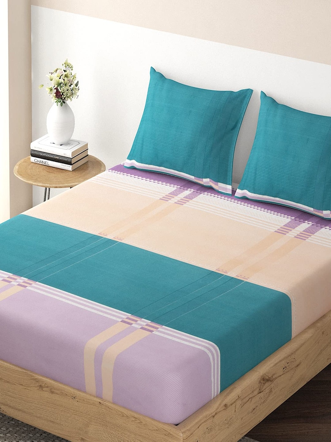 

HOKIPO Geometric 135 GSM Fitted King Bedsheet & 2 Pillow Covers, Blue