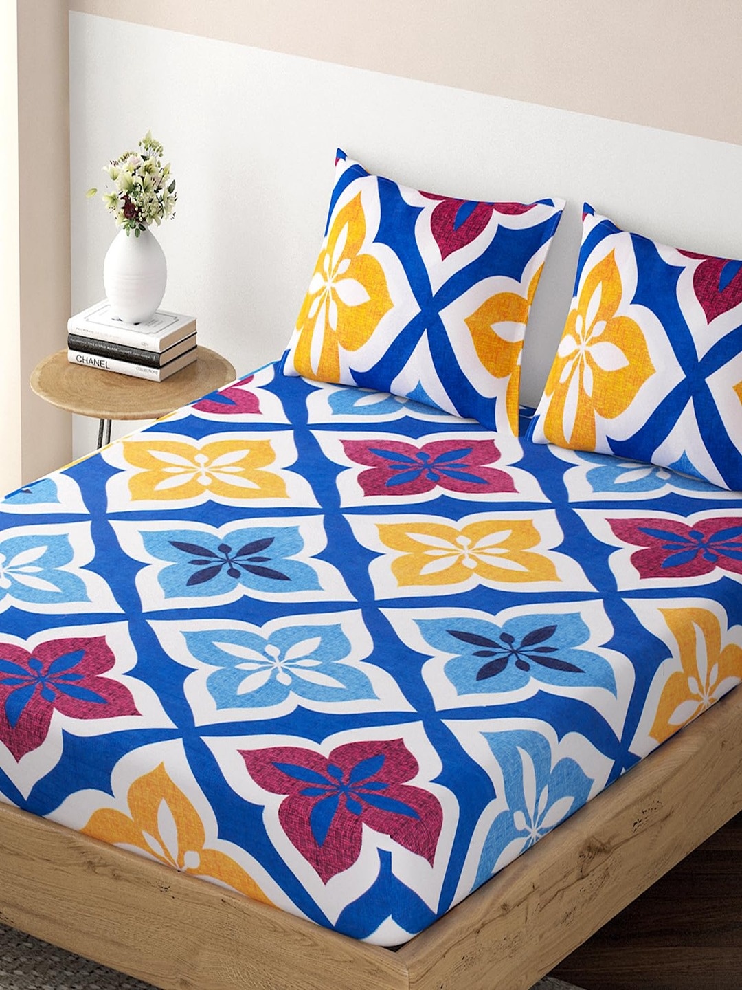 

HOKIPO Ethnic Motifs 125 GSM King Fitted Bedsheet with 2 Pillow Covers, Blue
