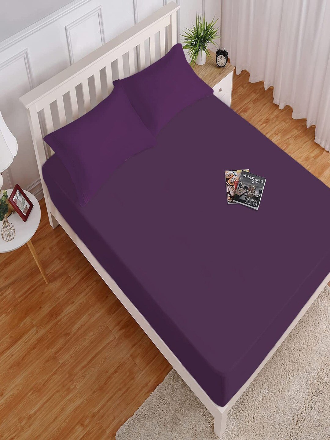 

HOKIPO Glace Purple Cotton 180 TC Fitted Queen Bedsheet with 2 Pillow Covers