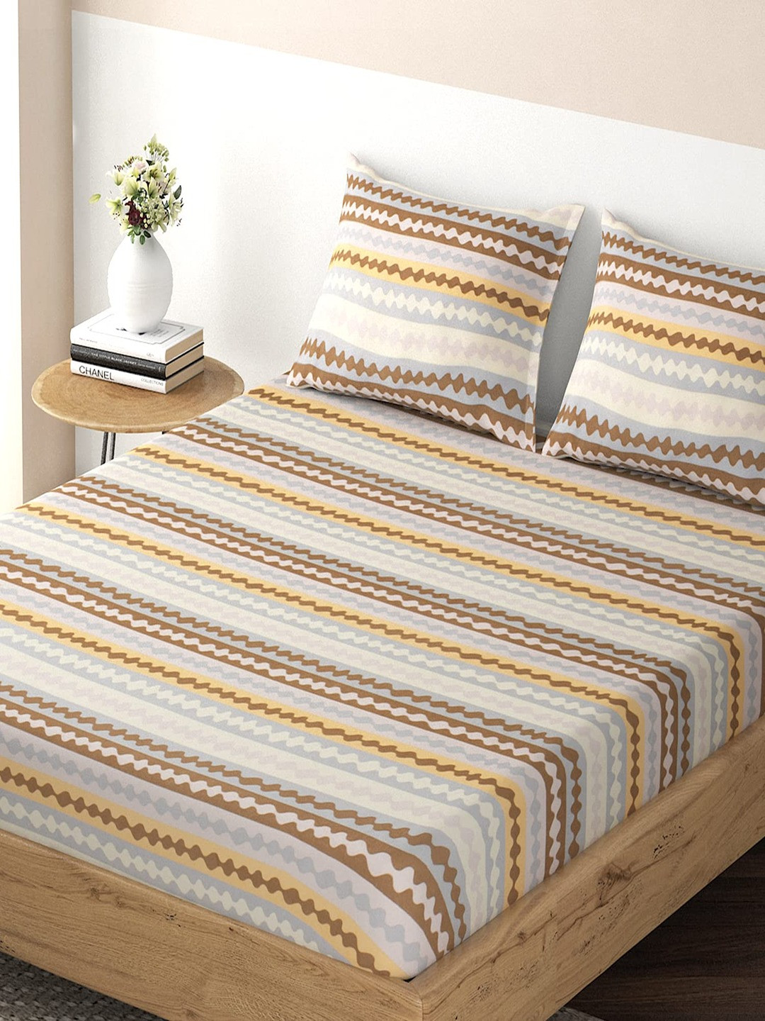 

HOKIPO Striped 135 GSM Fitted Single Bedsheet with 1 Pillow Cover, Brown