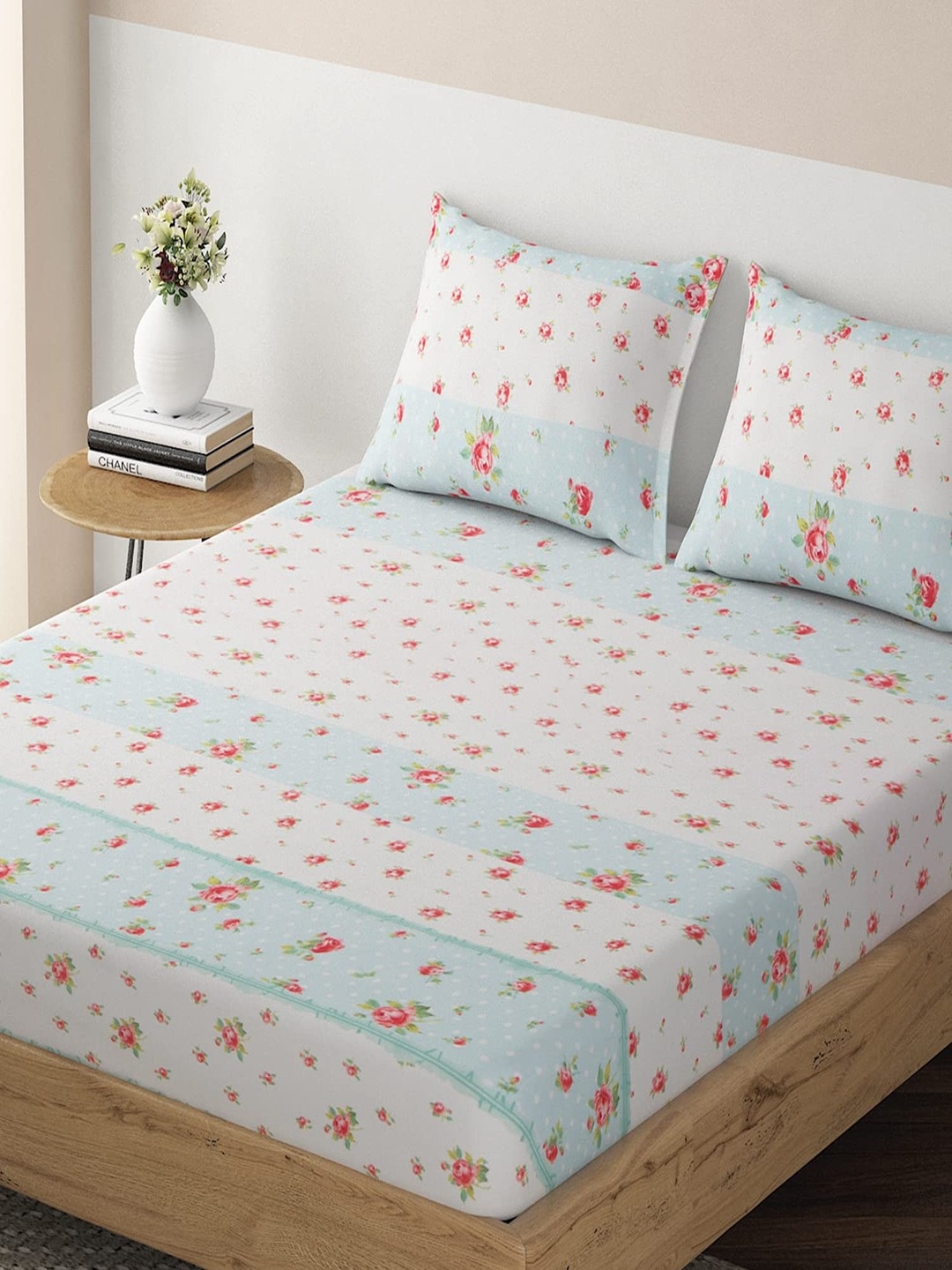 

HOKIPO Floral 135 GSM Fitted King Bedsheet with 2 Pillow Covers, Blue