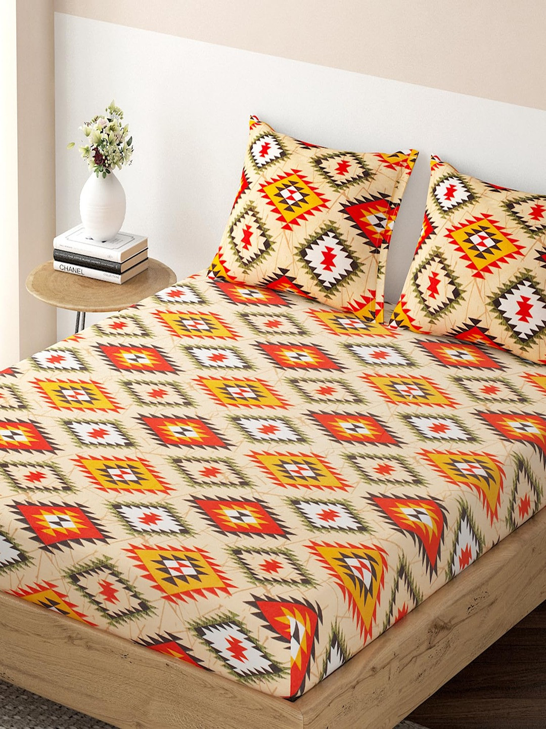 

HOKIPO Ethnic 125 GSM Fitted King Bedsheet & 2 Pillow Covers, Orange