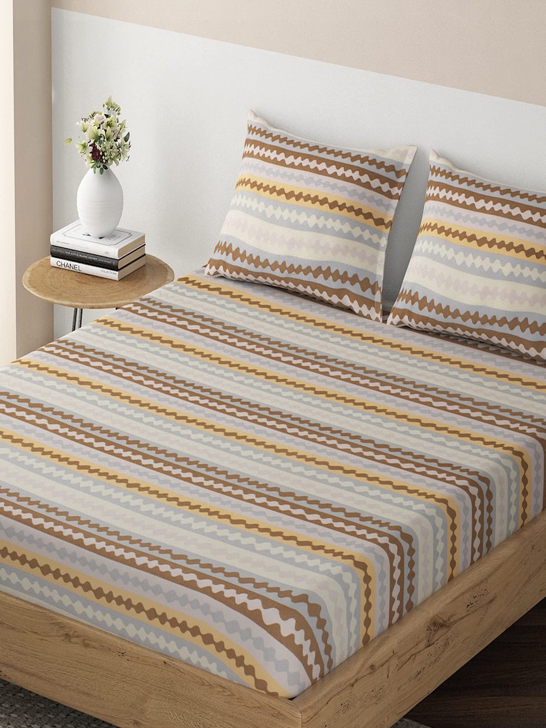

HOKIPO Striped Microfiber 135 GSM Fitted King Bedsheet With 2 Pillow Covers, Brown