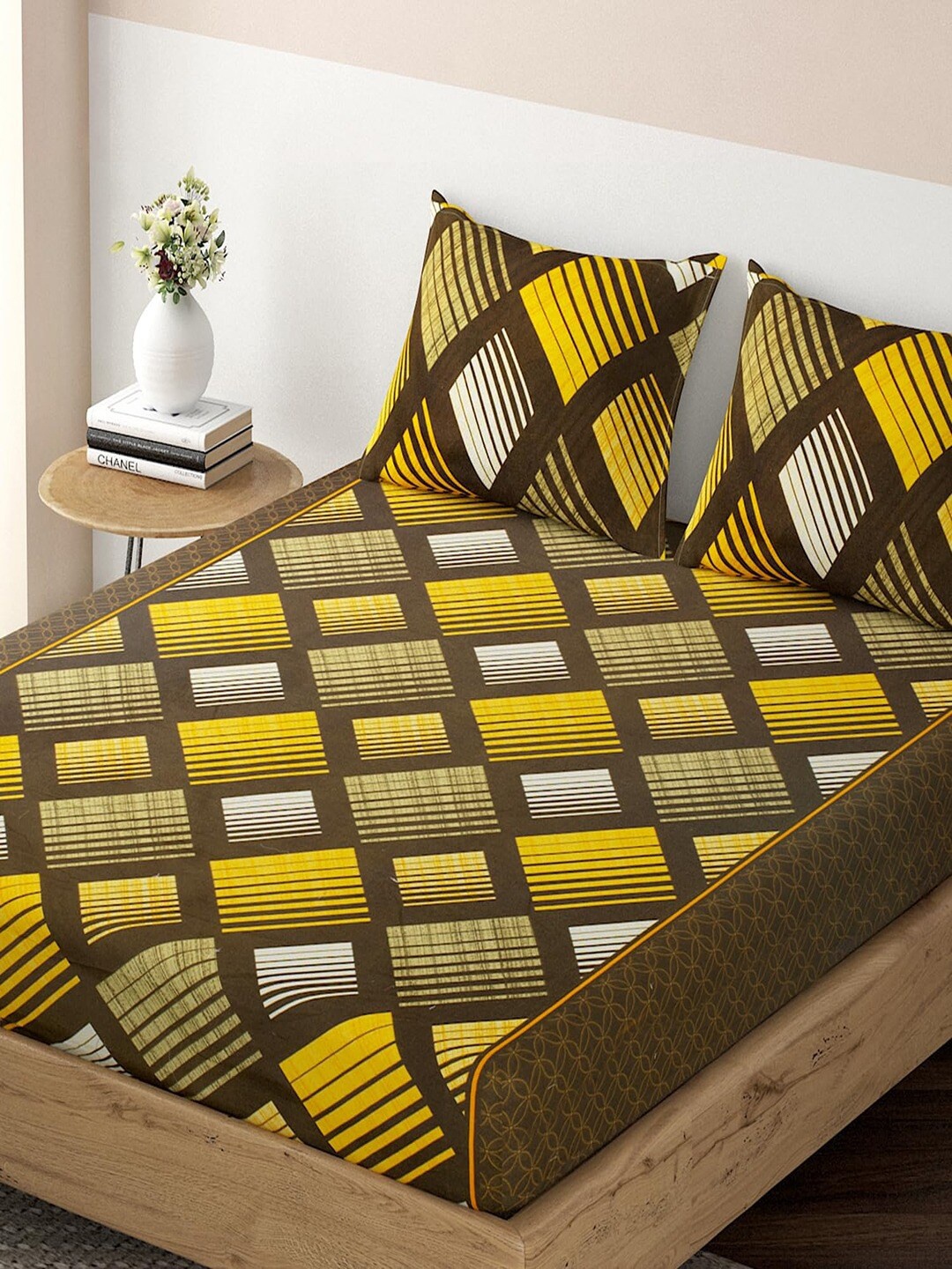 

HOKIPO Brown & Yellow Glace Cotton 180 TC King Fitted Bedsheet with 2 Pillow Covers