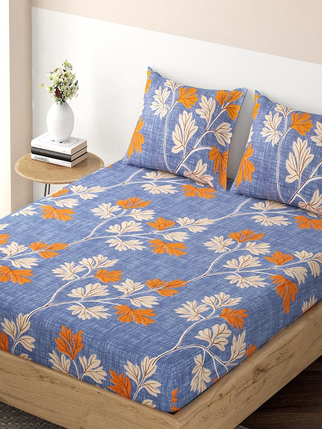

HOKIPO Floral 125 GSM King Fitted Bedsheet with 2 Pillow Covers, Blue