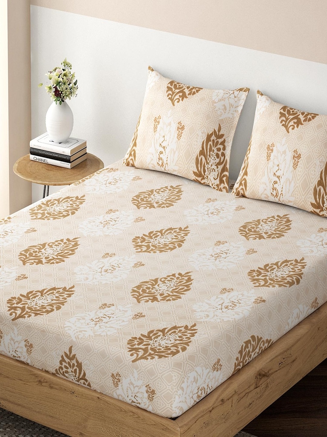 

HOKIPO Glace Brown Ethnic Motifs Cotton 180 TC Fitted King Bedsheet with 2 Pillow Covers