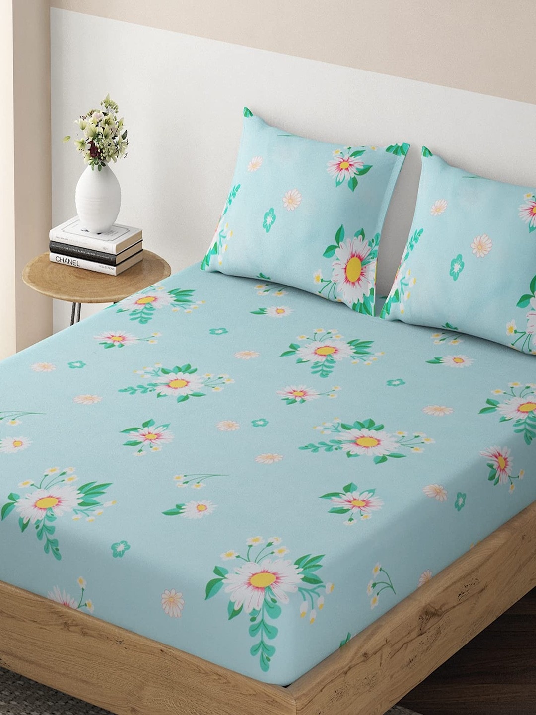 

HOKIPO Glace Blue Floral Cotton 220 TC Fitted King Bedsheet with 2 Pillow Covers