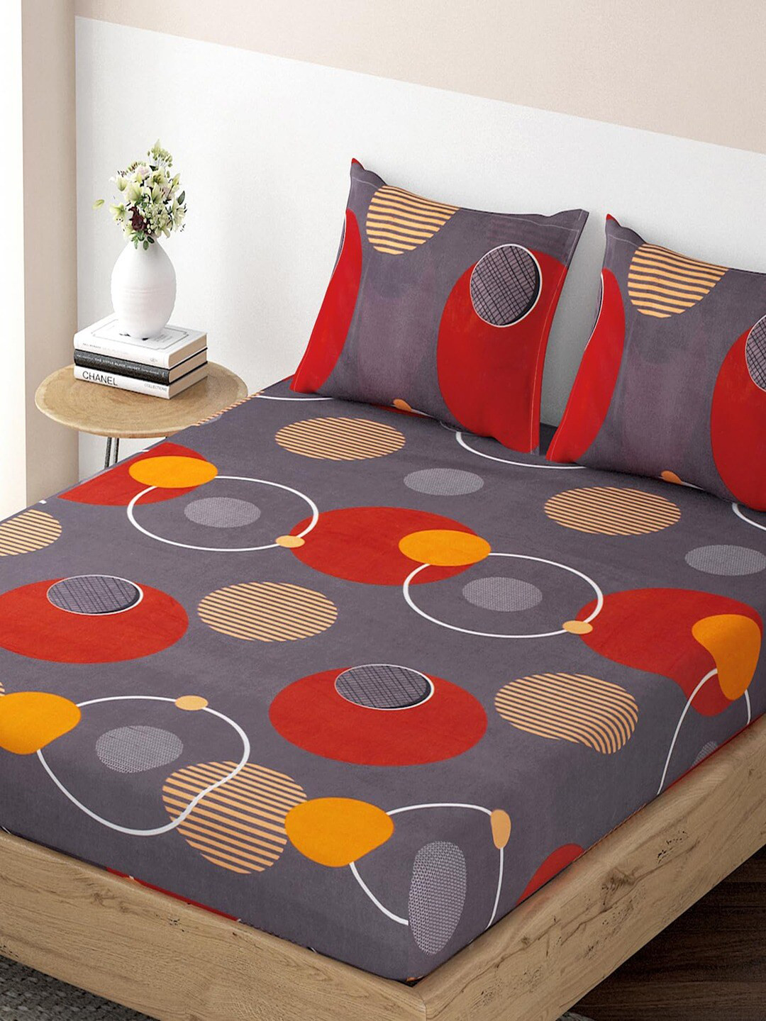 

HOKIPO Glace Grey Cotton 180 TC Fitted King Bedsheet with 2 Pillow Covers