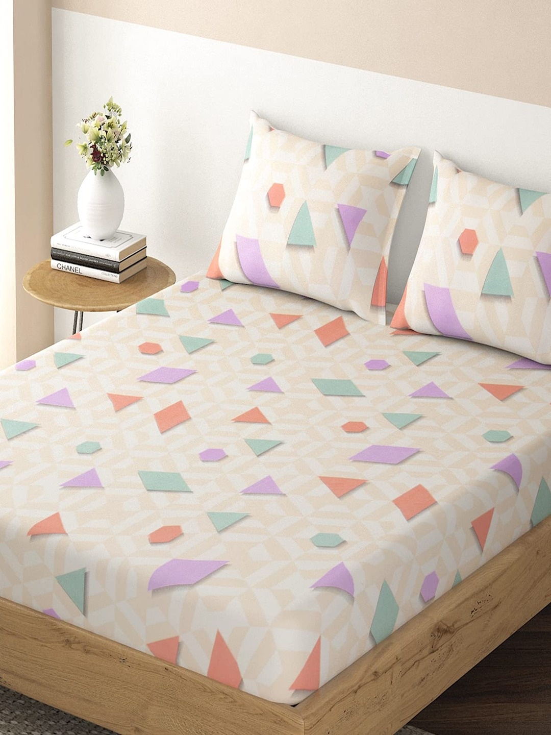 

HOKIPO Geometric 135 GSM Fitted Single Bedsheet with 1 Pillow Cover, Beige