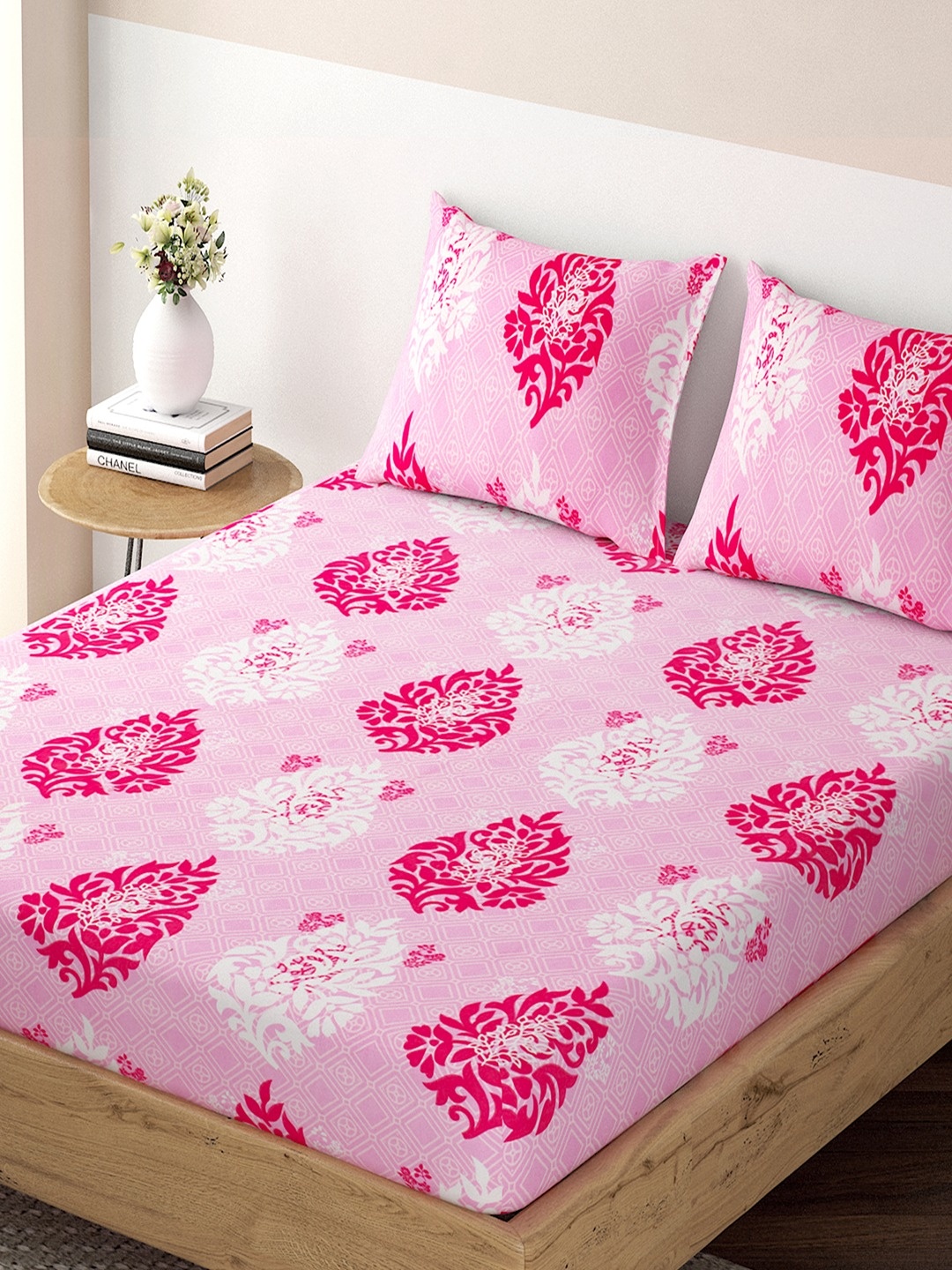 

HOKIPO Ethnic Motifs Microfiber 125 GSM Fitted King Bedsheet & 2 Pillow Covers, Pink