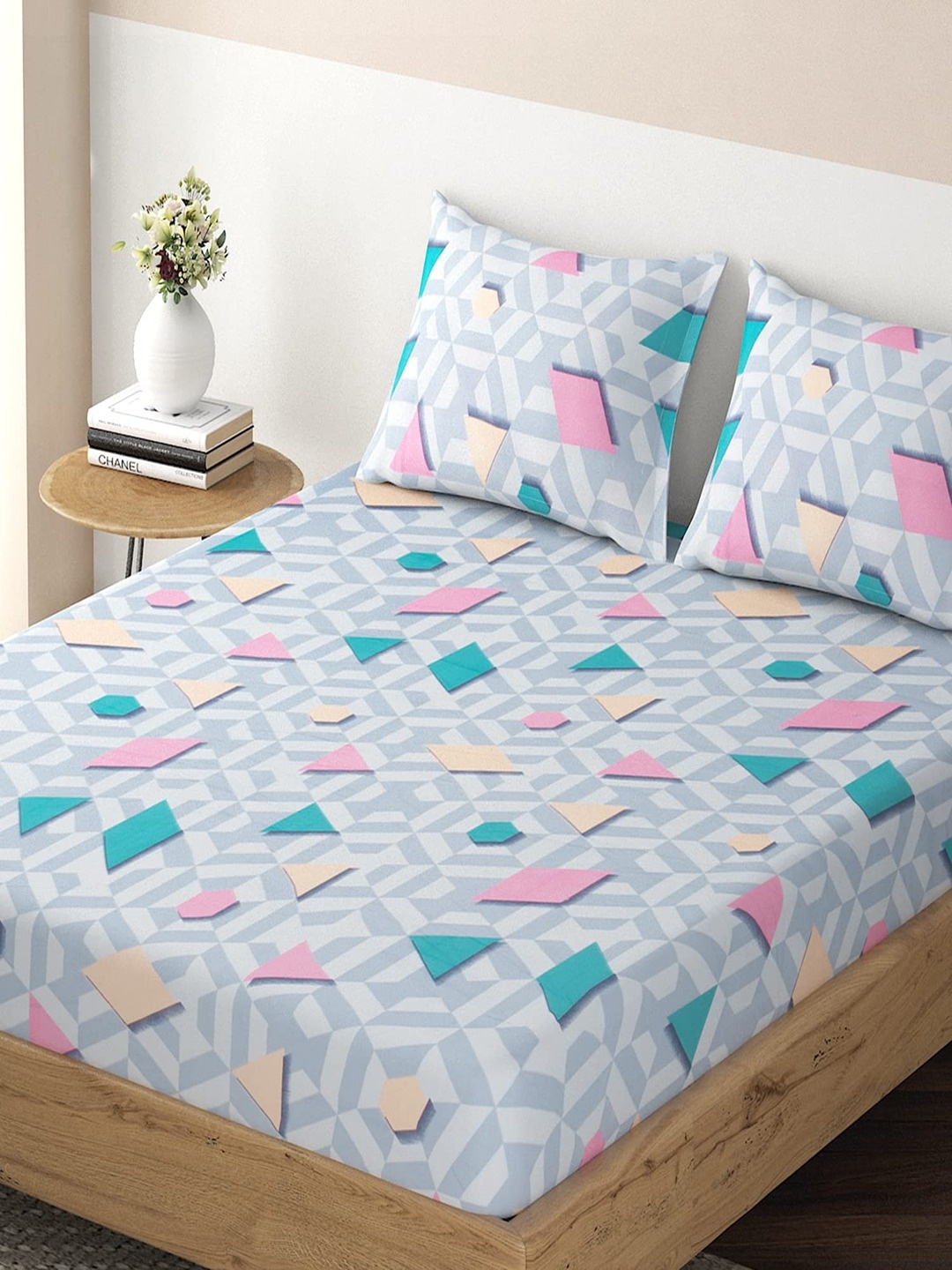 

HOKIPO Geometric Microfiber 135 GSM Fitted Single Bedsheet With 1 Pillow Cover, Blue