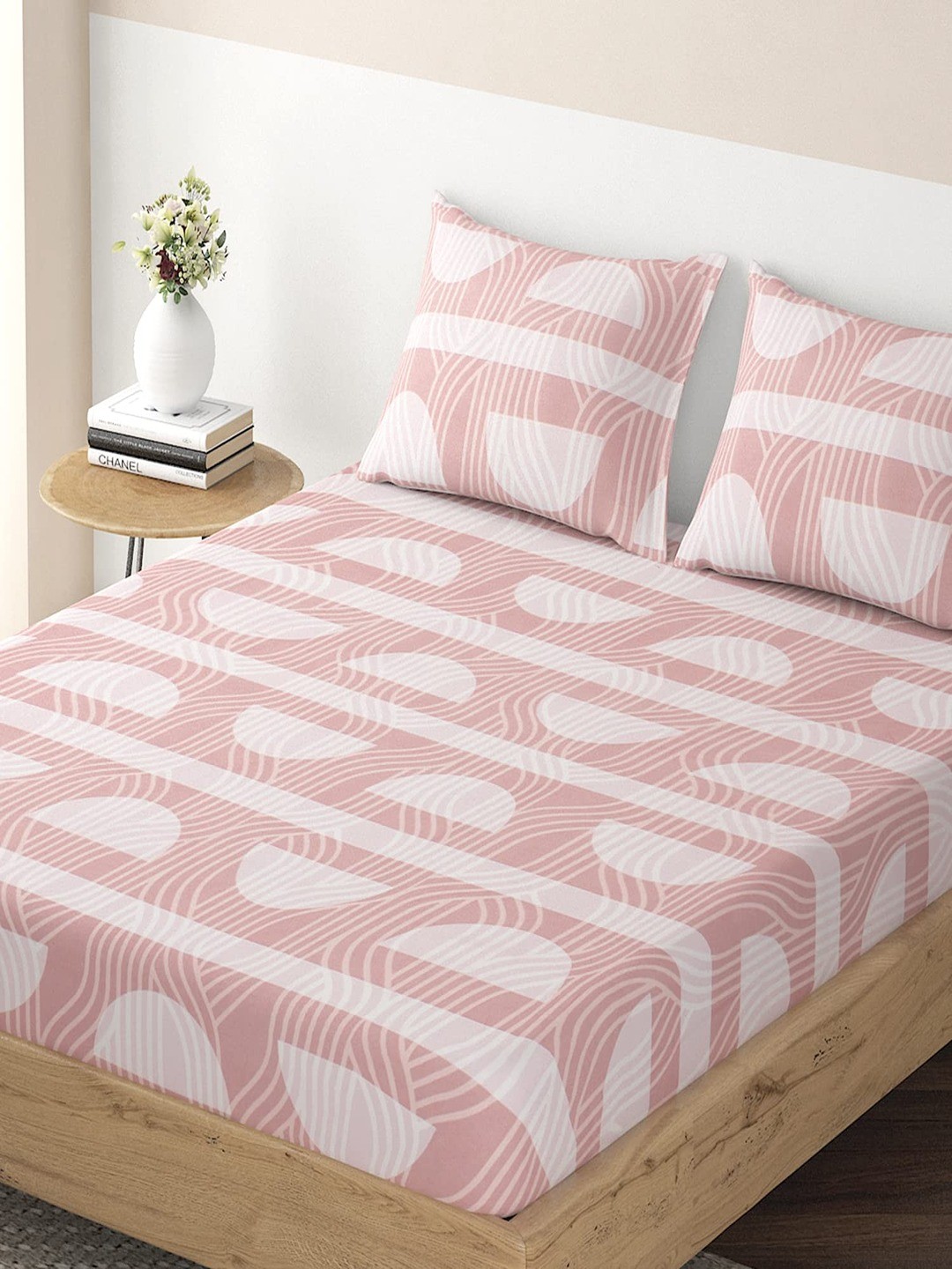 

HOKIPO Geometric Microfiber 135 GSM Fitted Single Bedsheet With 1 Pillow Cover, Pink