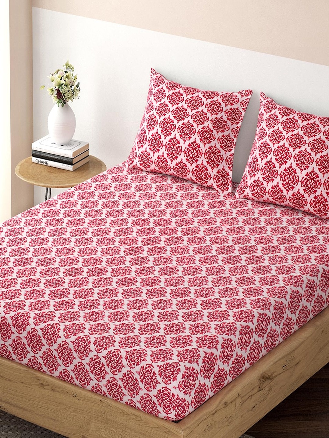 

HOKIPO Ethnic Motifs 125 GSM Fitted King Bedsheet & 2 Pillow Covers, Pink