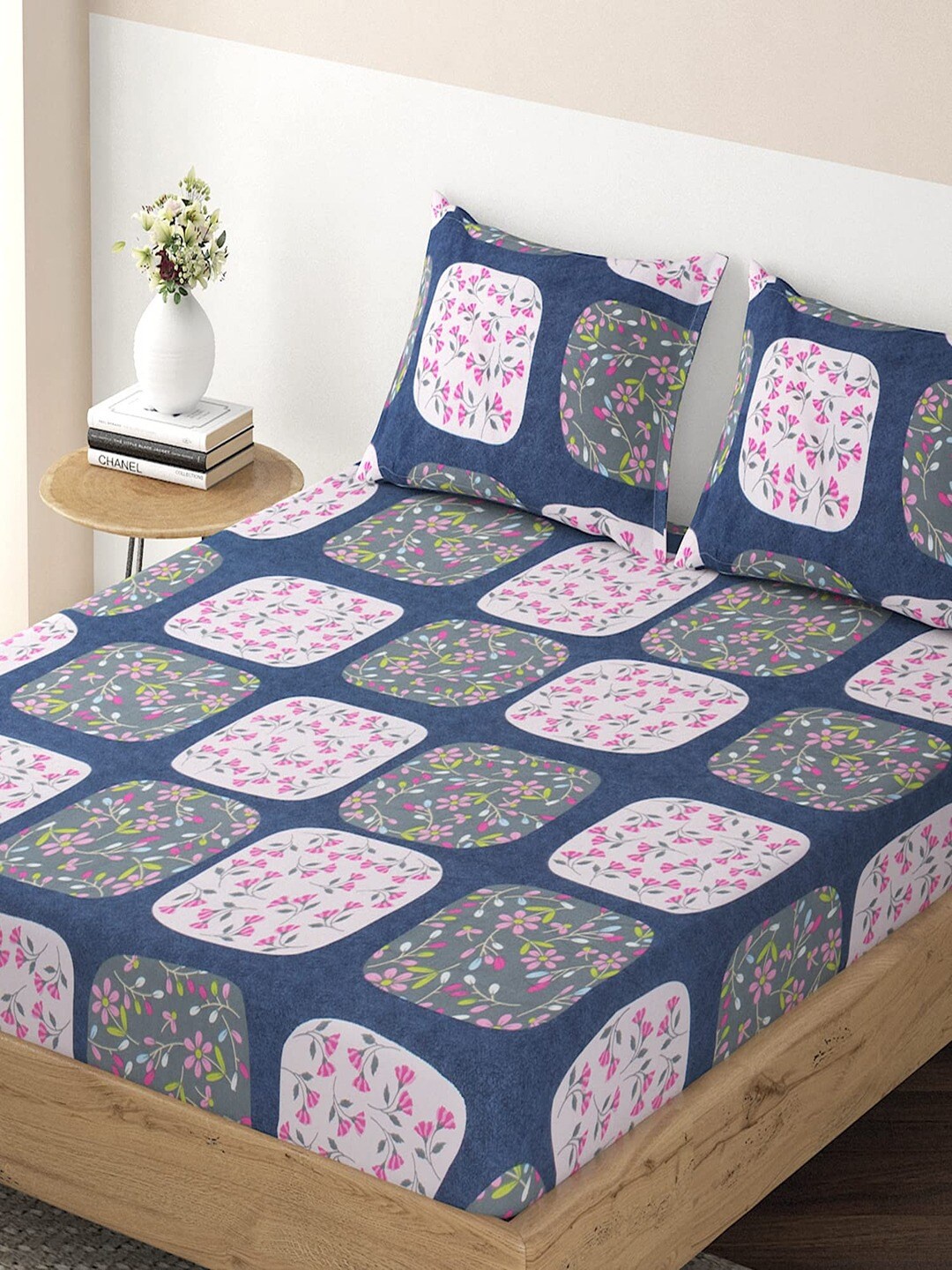 

HOKIPO Glace Pink & Blue Floral Cotton 220 TC Fitted King Bedsheet with 2 Pillow Covers