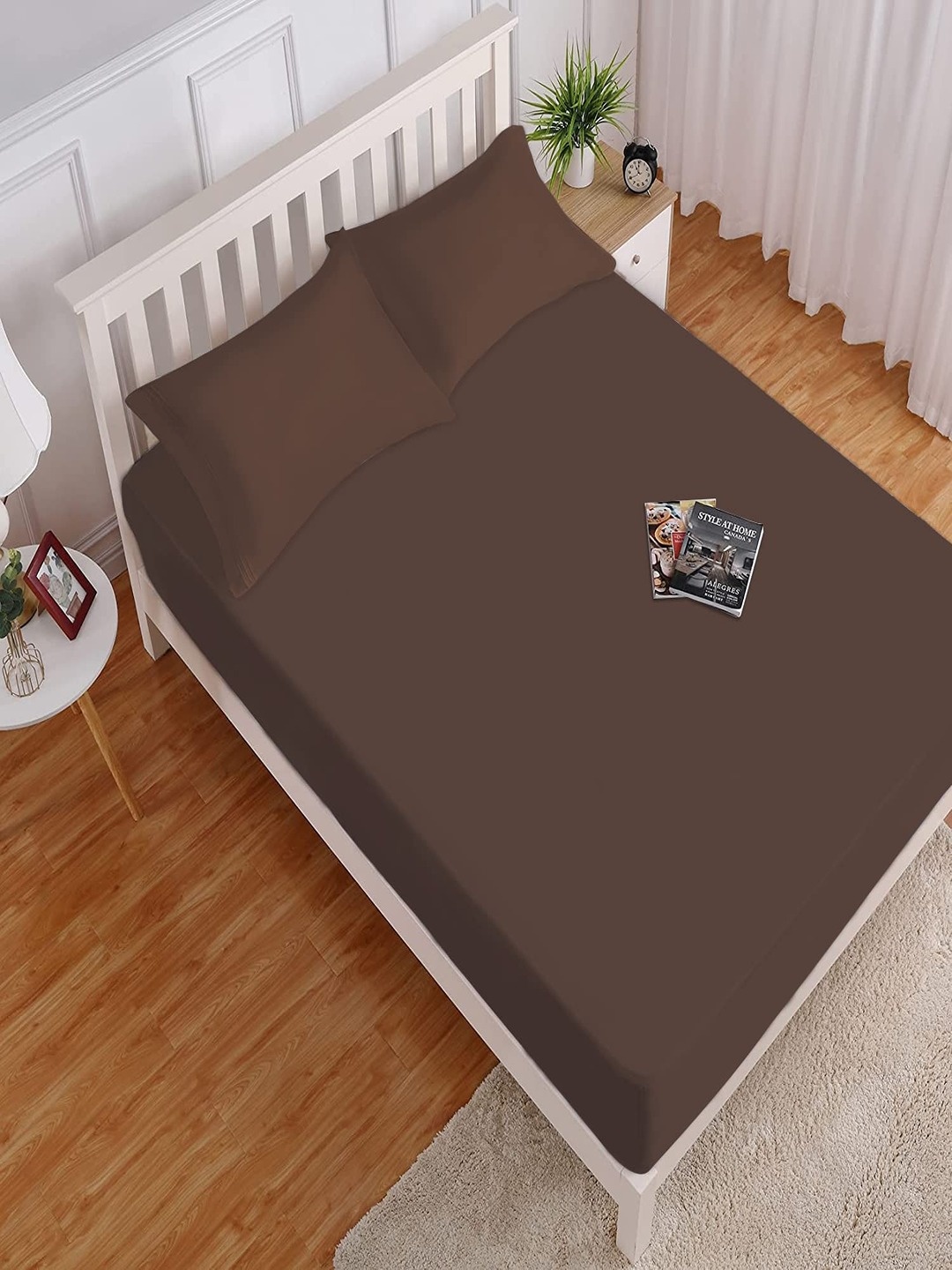 

HOKIPO 140 GSM Fitted Queen Bedsheet with 2 Pillow Covers, Brown