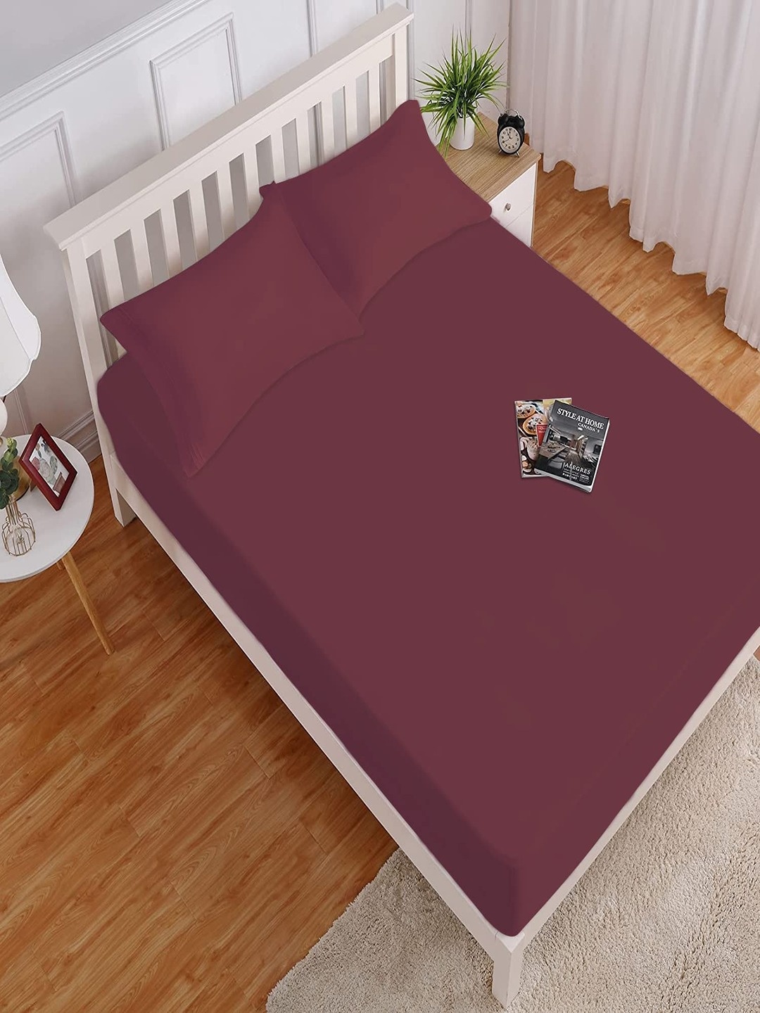 

HOKIPO Burgundy 140 GSM Fitted Queen Bedsheet with 2 Pillow Covers