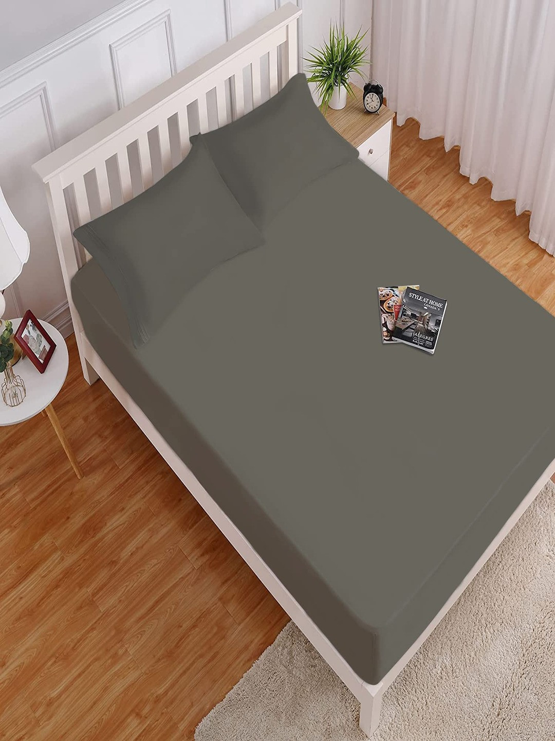 

HOKIPO Solid 140 GSM Microfiber Fitted Queen Bedsheet With 2 Pillow Covers, Grey