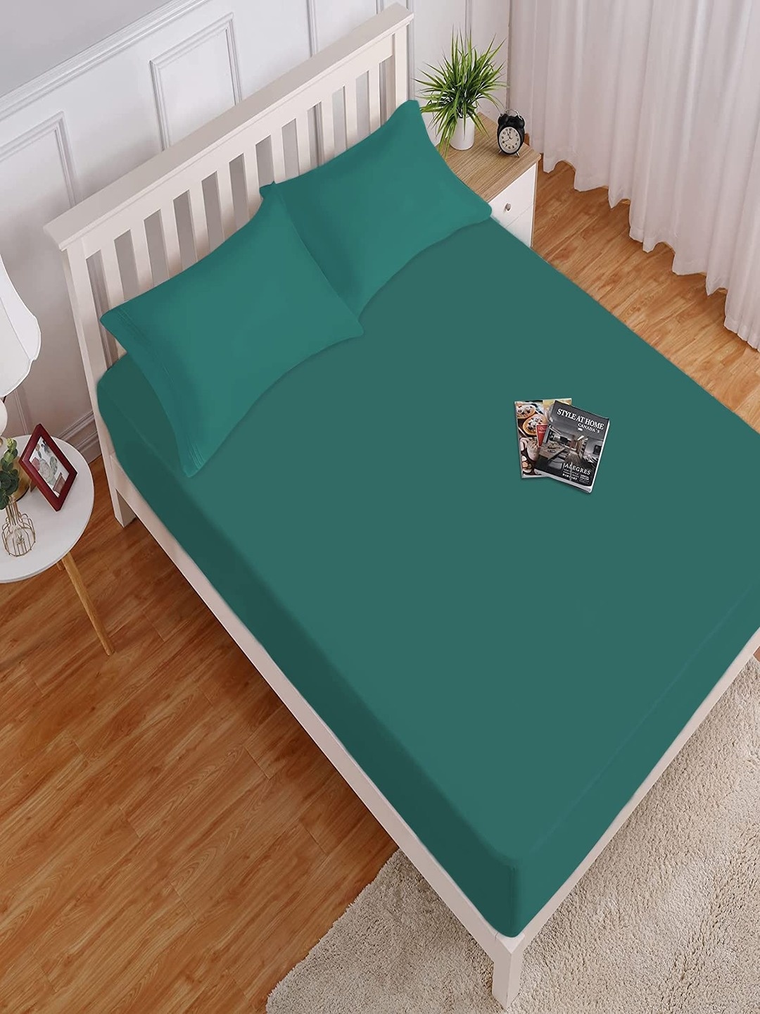 

HOKIPO 140 GSM Fitted Queen Bedsheet with 2 Pillow Covers, Teal