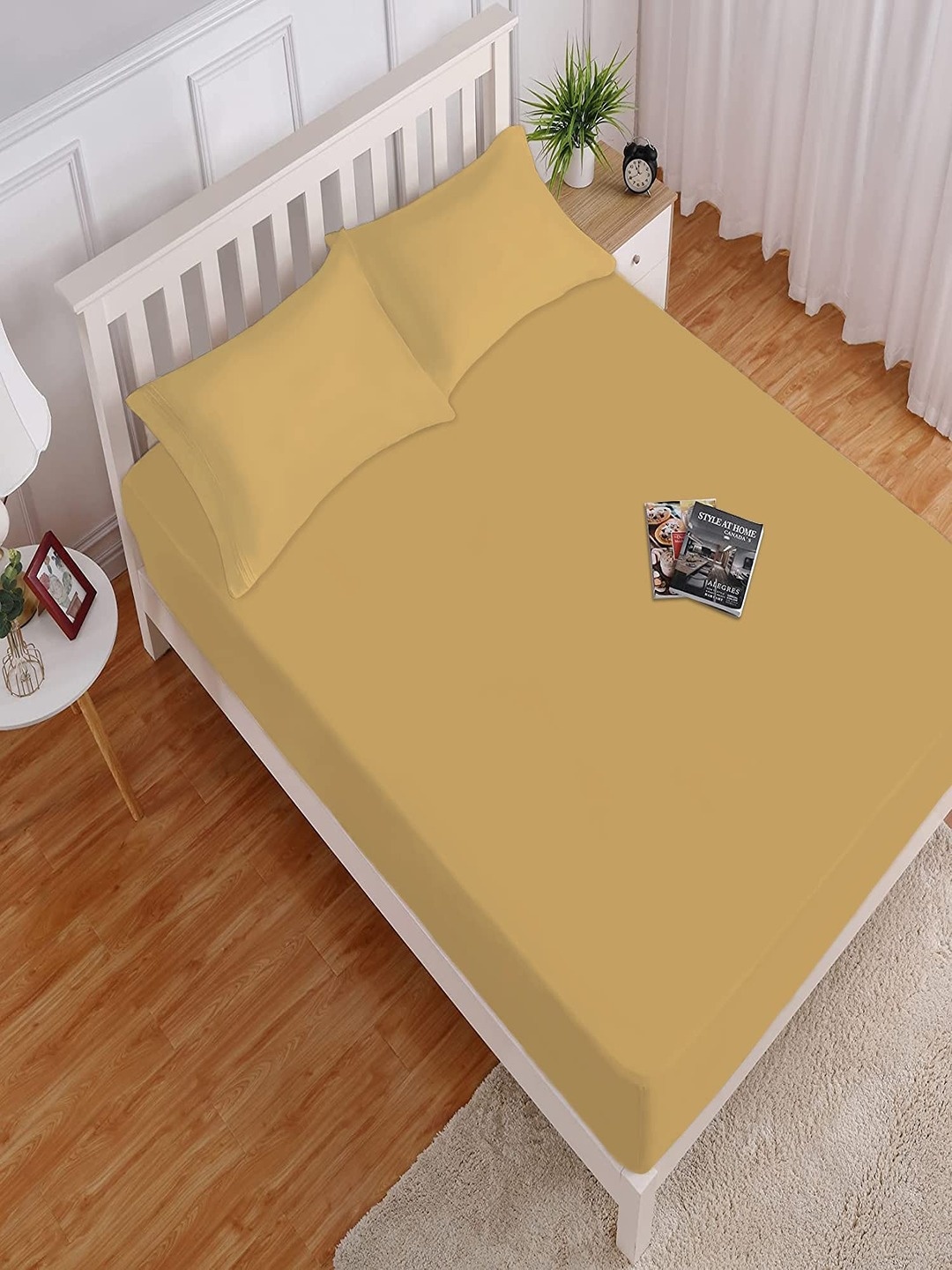 

HOKIPO Solid 140 GSM Fitted King Bedsheet With 2 Pillow Covers, Yellow