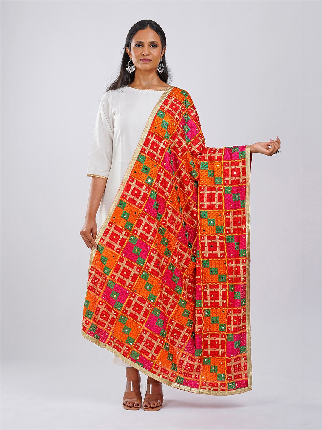 

TEEJH Ethnic Motifs Embroidered Phulkari Nylon Dupatta, Orange