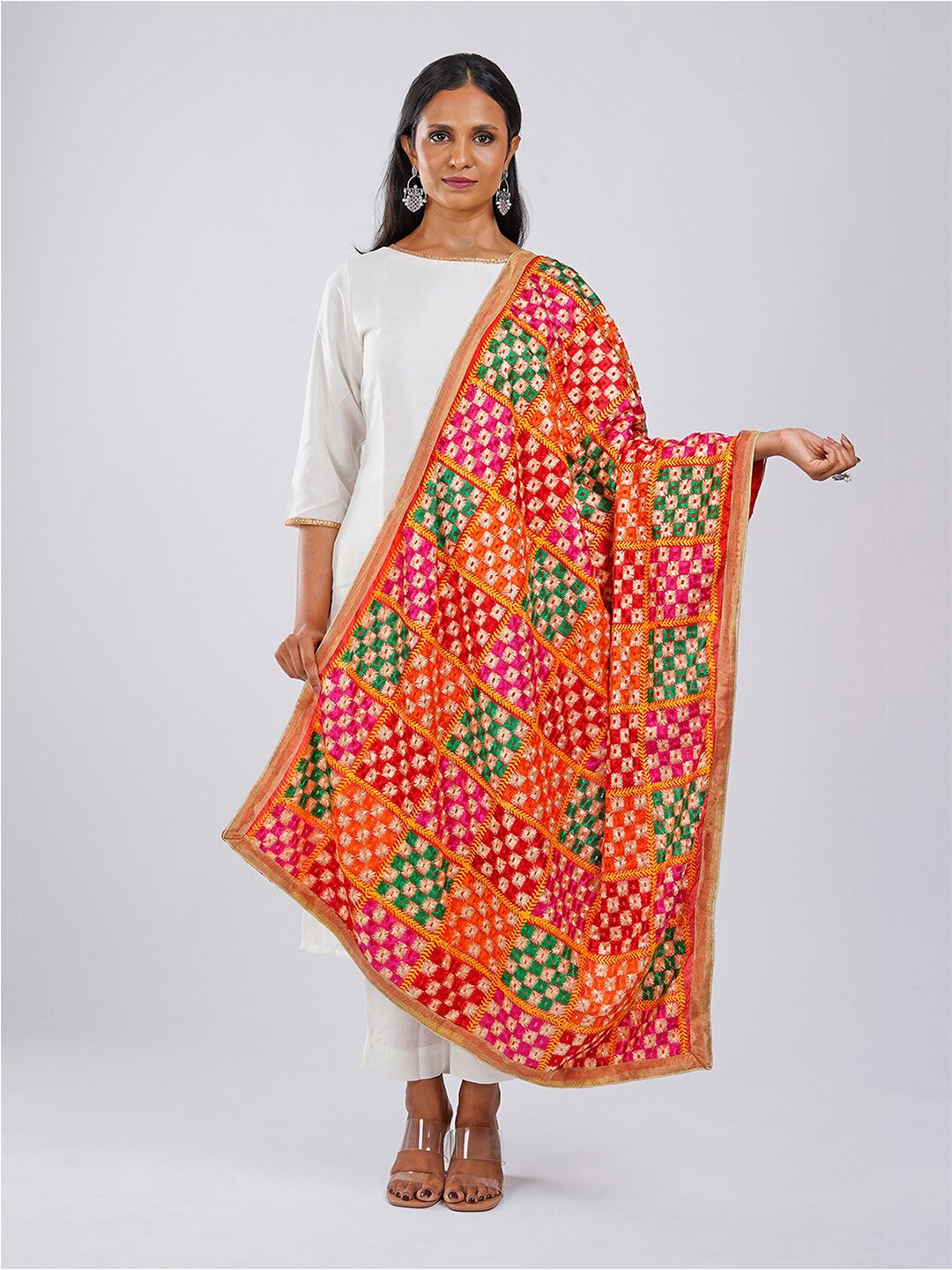 

TEEJH Ethnic Motifs Embroidered Phulkari Nylon Dupatta, Red