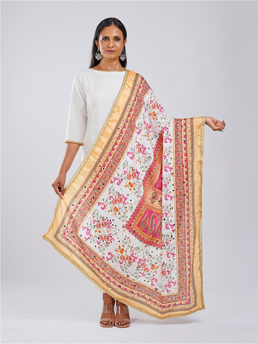 

TEEJH Ethnic Motifs Printed Dupatta With Mirror Work, White