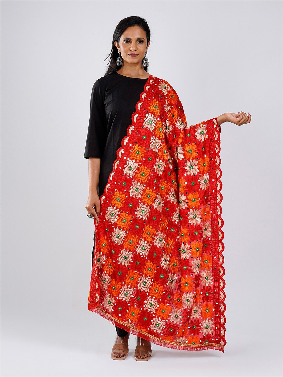 

TEEJH Ethnic Motifs Embroidered Phulkari Dupatta, Red