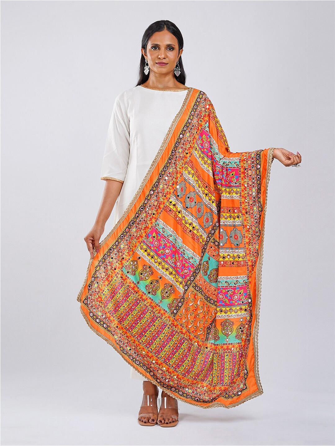 TEEJH Ethnic Motifs Printed Mirror Work Crepe Dupatta, Red