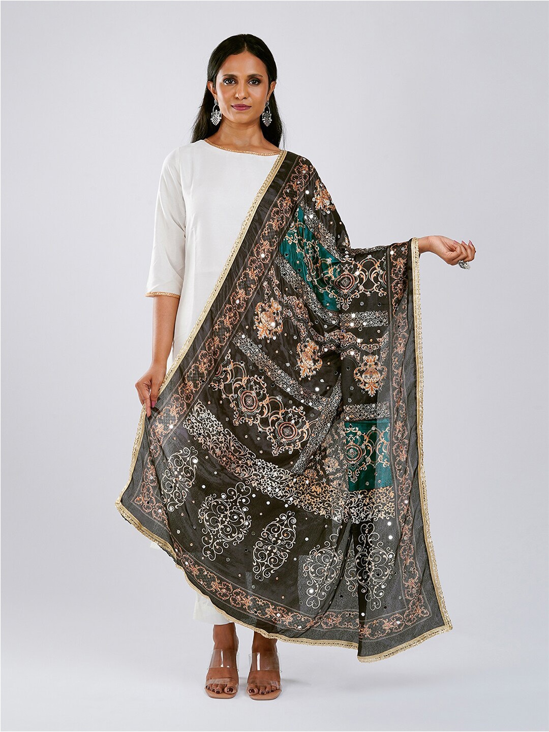 

TEEJH Ethnic Motifs Printed Dupatta With Mirror Work, Black