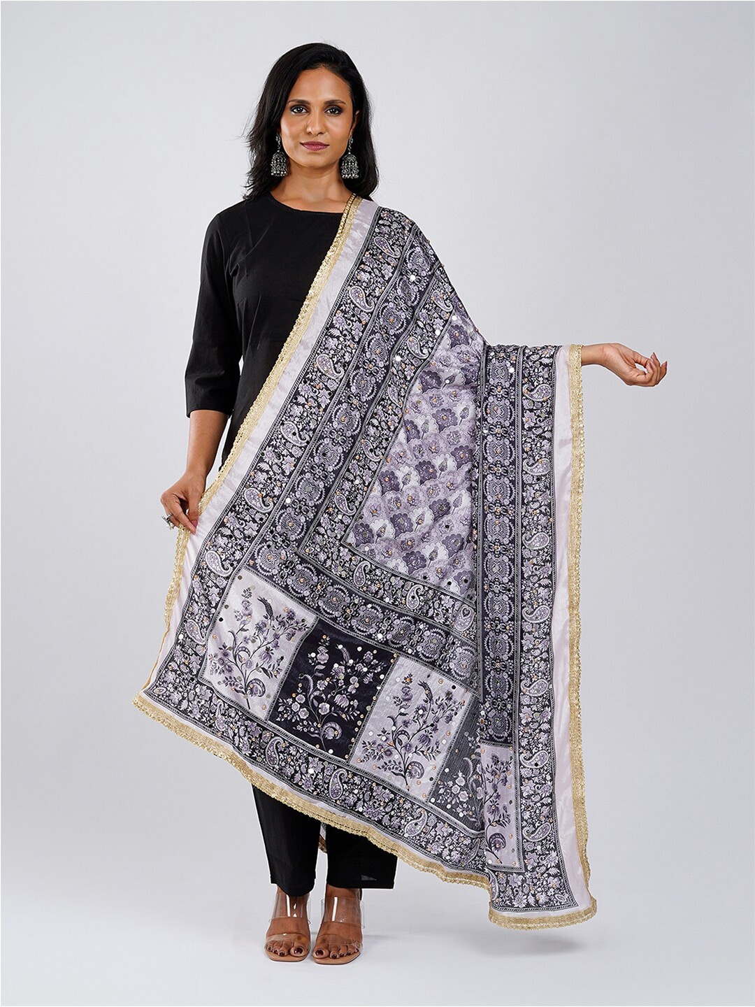 

TEEJH Ethnic Motifs Printed Mirror Work Nylon Dupatta, Grey