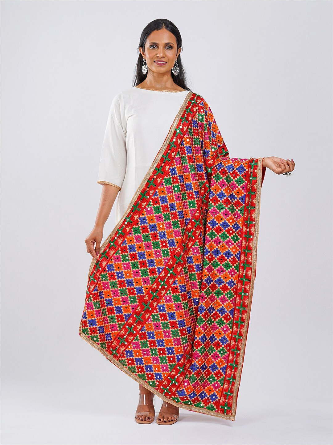 

TEEJH Ethnic Motifs Embroidered Dupatta With Phulkari, Red