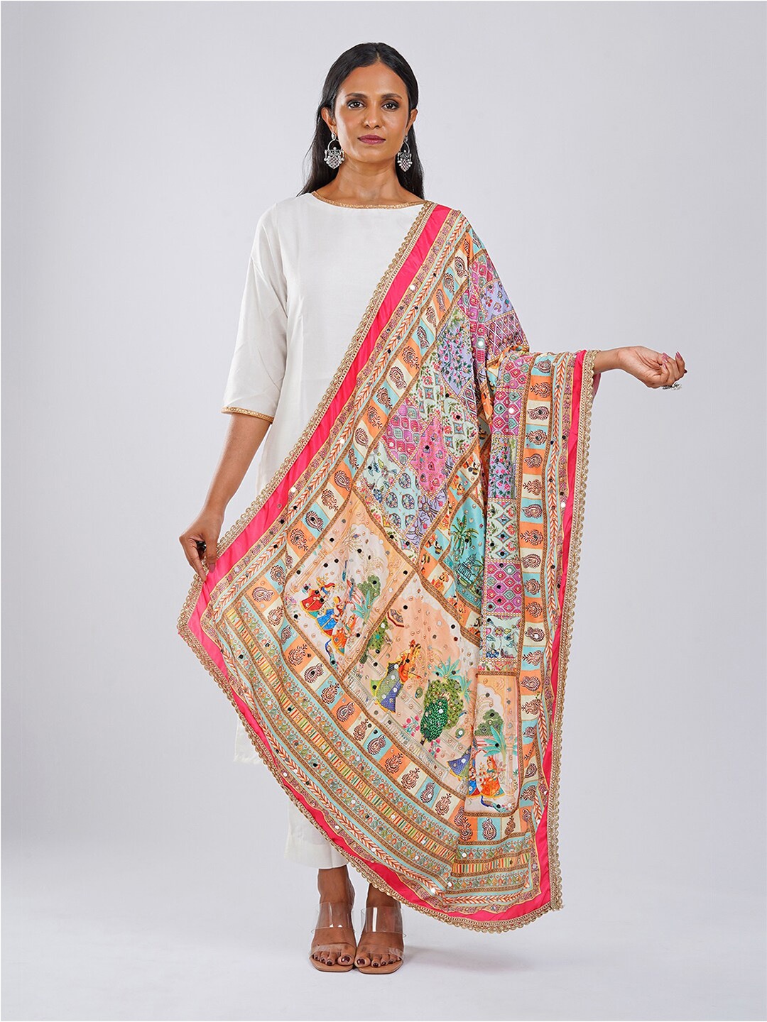 

TEEJH Ethnic Motifs Printed Dupatta With Mirror Work, Cream