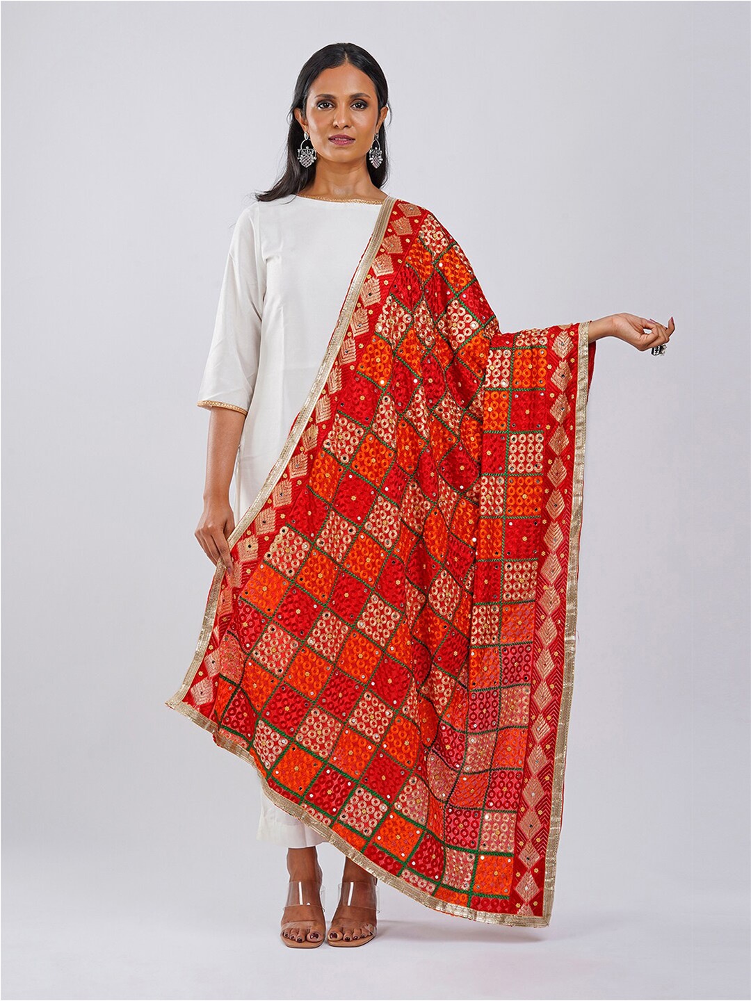 

TEEJH Ethnic Motifs Embroidered Dupatta With Phulkari, Red