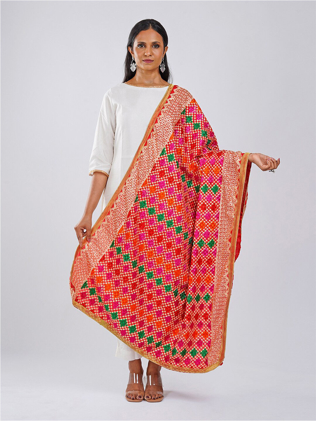 

TEEJH Ethnic Motifs Embroidered Phulkari Nylon Dupatta, Red