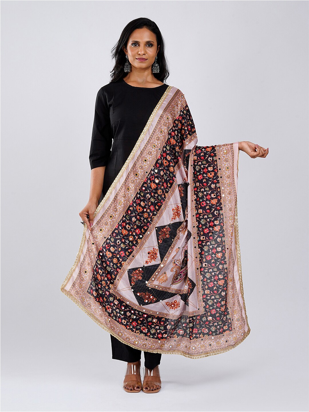 

TEEJH Ethnic Motifs Printed Mirror Work Dupatta, White